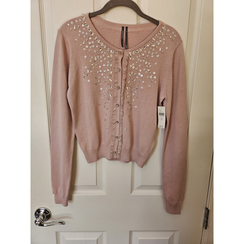 NWT Anthropologie Crystal Pink Cardigan Sweater Rhinestones Ruffled Lace, Sz. SM